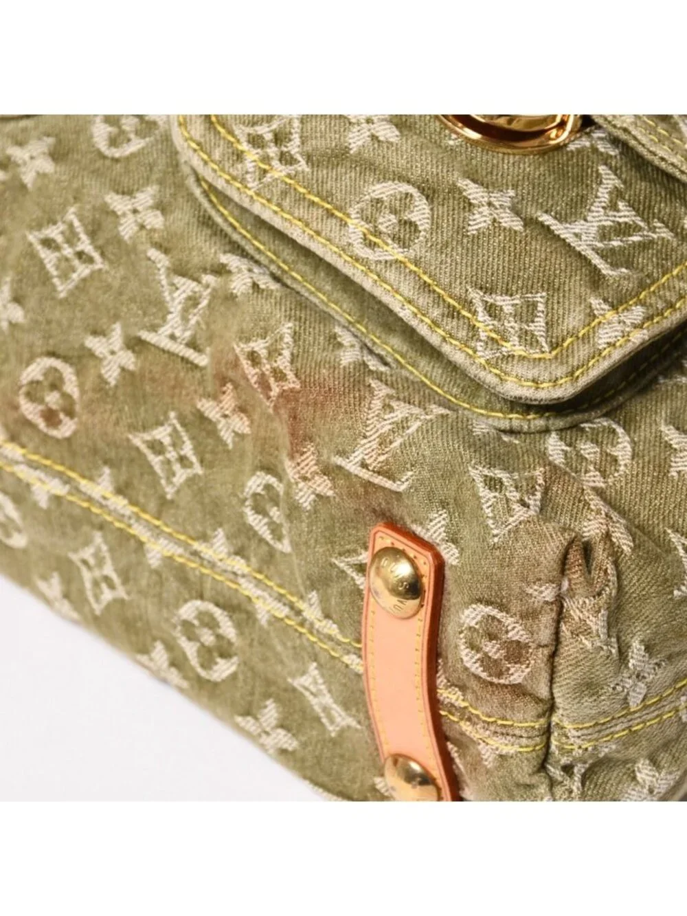 Louis Vuitton Monogram Denim Baggy GM Green White Gold Vachetta Leather